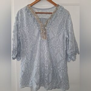 Boho Crochet Sleeve Top – Soft Blue/Grey with Golden Embroidery